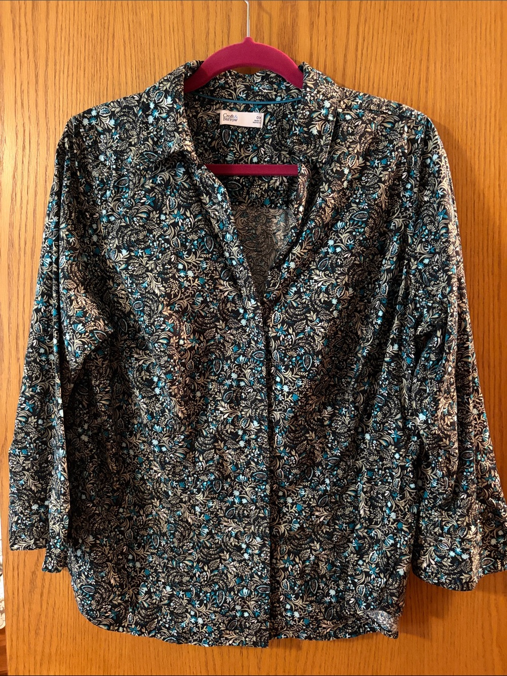 croft & barrow Black Button-Front Floral Blouse with Teal Accents